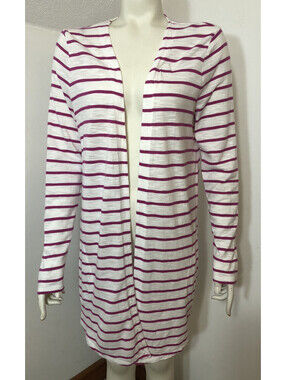 Chicos Ultimate Tee Womens Small 1 Open Tunic Cardigan White Magenta Stripes